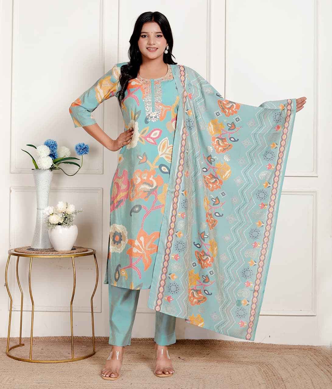 Pastel Aqua Floral Printed Kurta Set